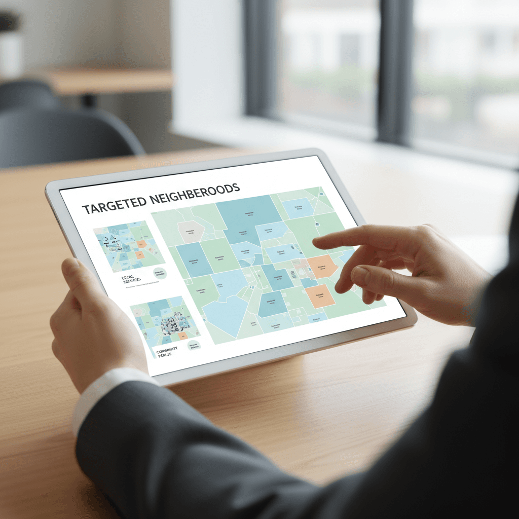 Empresario revisando mapas segmentados y diseños de flyers en una tableta